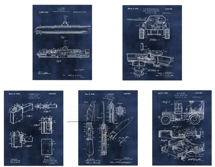 Винтажный большой патент в мировой войны подводная лодка Танк Зажигалка нож джип Плакат Набор 5 в 1/Патентное искусство/образовательное искусство/винтажное искусство - Цвет: grunge blue