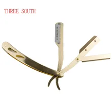 Три Южно-золотые складные Ручные бритвы с одной медной ручкой, бритва для бритья, парикмахерские инструменты, ножи для волос, Складные лезвия