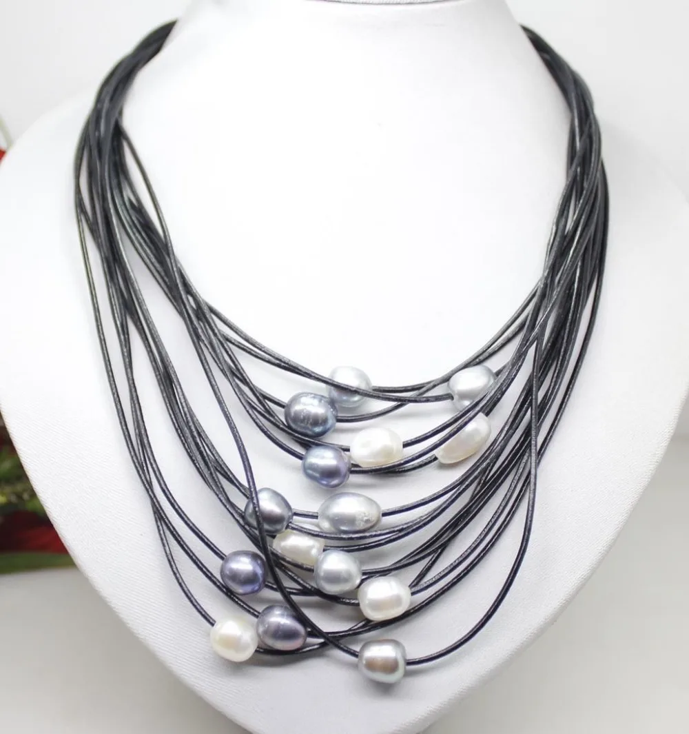 

free shipping 01-12mm Real White Gray Black Freshwater Pearl Pendant Necklace Leather Cord Magnet Clasp Fashion Jewelry