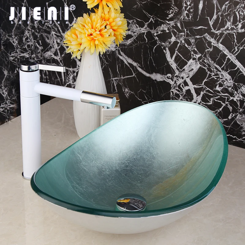 US Hand Painting Tempered Glass Bathroom Vessel Basin Sink Bowl Mixer Faucet Set 