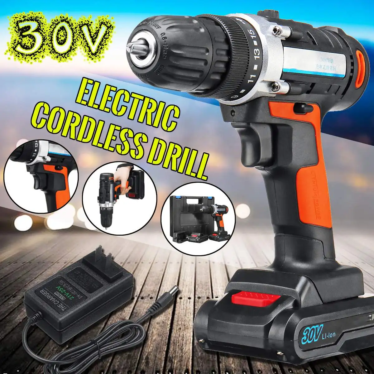 

30V Electric Cordless Drill Rechargeable Power Drill Driver Wireless Electric Screwdriver with 2 Li-ion Batteries
