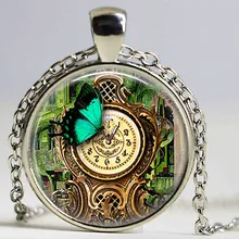 (1 peças/lote) Steampunk Relógio Jardim Colar de Pingente de Colar de Borboleta Jardim Retro Do Vintage Do Punk Do Vapor Colar Acessórios