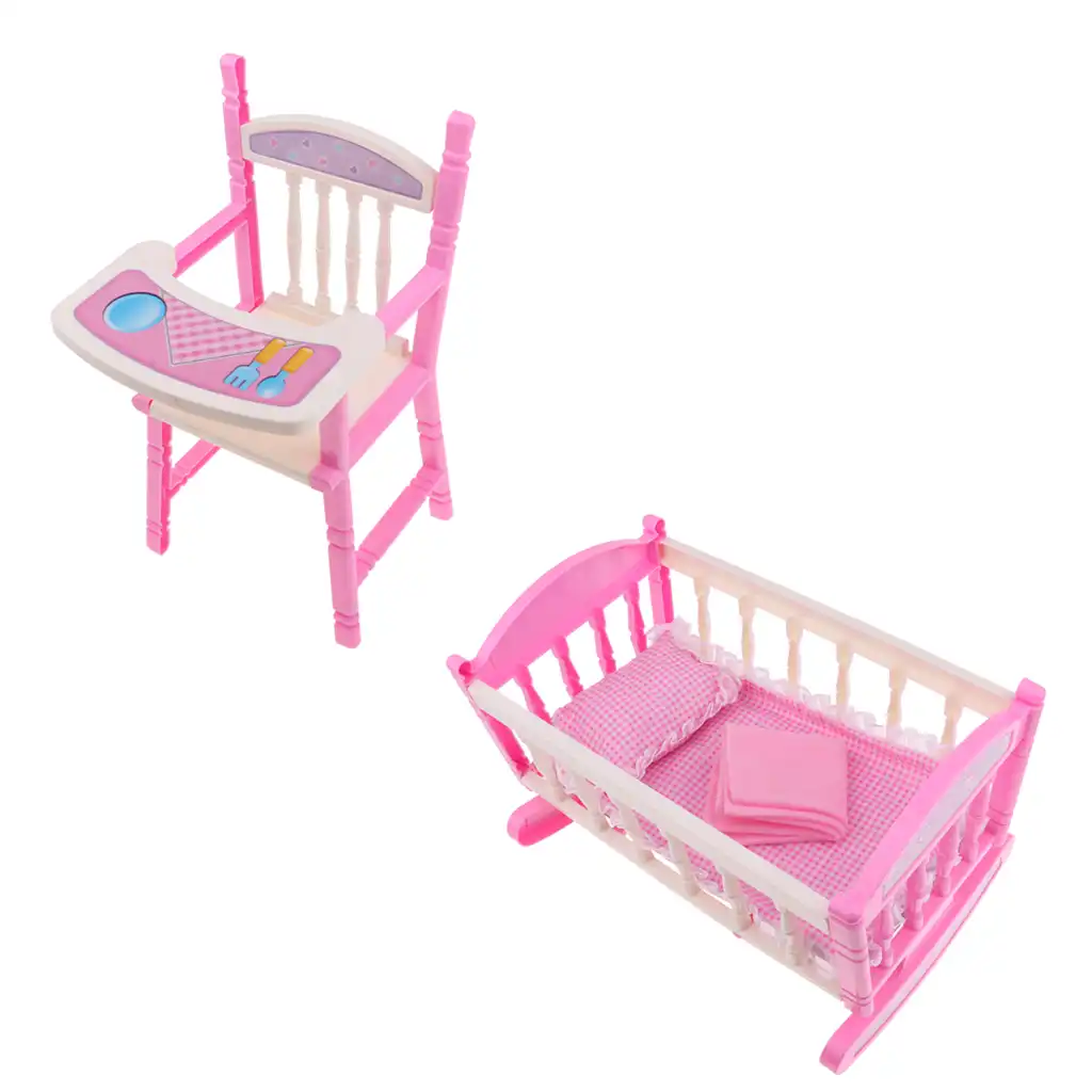 Doll Baby Toddler Furniture Playset Abs High Chair Cradle Bed Crib