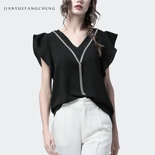 Рукав-манжета Женская летняя шифоновая блузка Y shape Line v-образным вырезом дизайн Модная женская уличная Повседневная Свободная блузка плюс размер