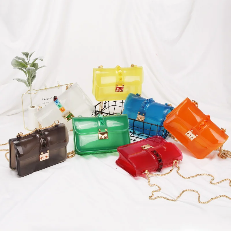 

2019 summer new transparent jelly bag shoulder slung chain bag casual wild fashion handbags small bag pvc small square bag