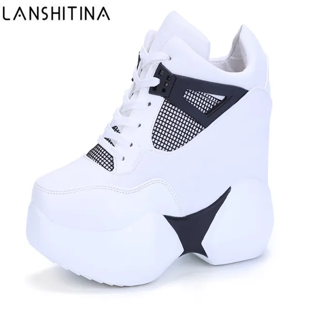 US $26.07 2019 Women's High Platform Shoes Breathable PU Shoes Women Height Increasi Shoes 12CM Wedges Thick 
