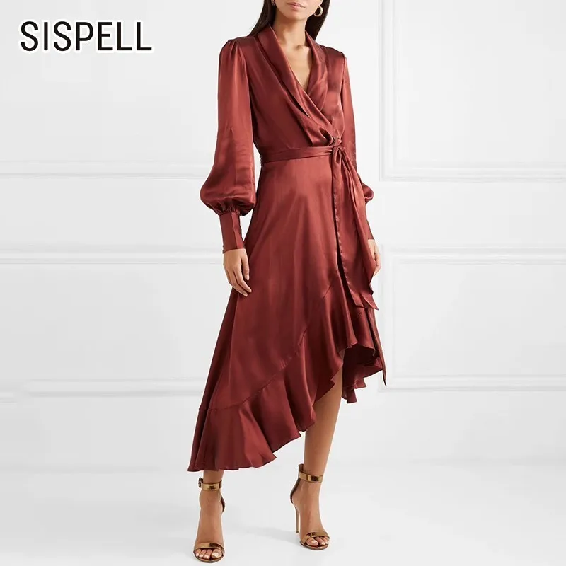 

SISPELL Solid Hem Asymmetrical Female Dress V Neck Long Lantern Sleeve Ruffles High Waist Slim Women Dresses Fashion New Summer
