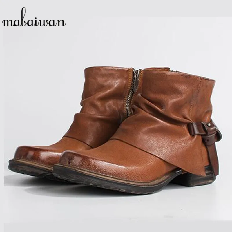 

Mabaiwan Black Brown Women Shoes Genuine Leather Winter Ankle Boots For Women Snow Military Boots Buckle Decor Shoes Women Flats
