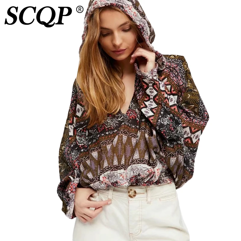 SCQP Printed Geometric Hooded Bow Blouse Women Long Sleeve
