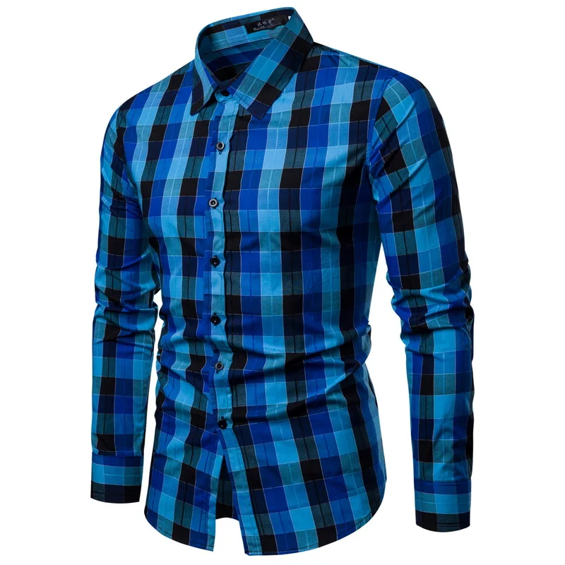 Drop Shipping Men Plaid Shirt Long Sleeve Shirts 2019 Fashion Casual Multi-color Checkered Cotton Chemise Homme