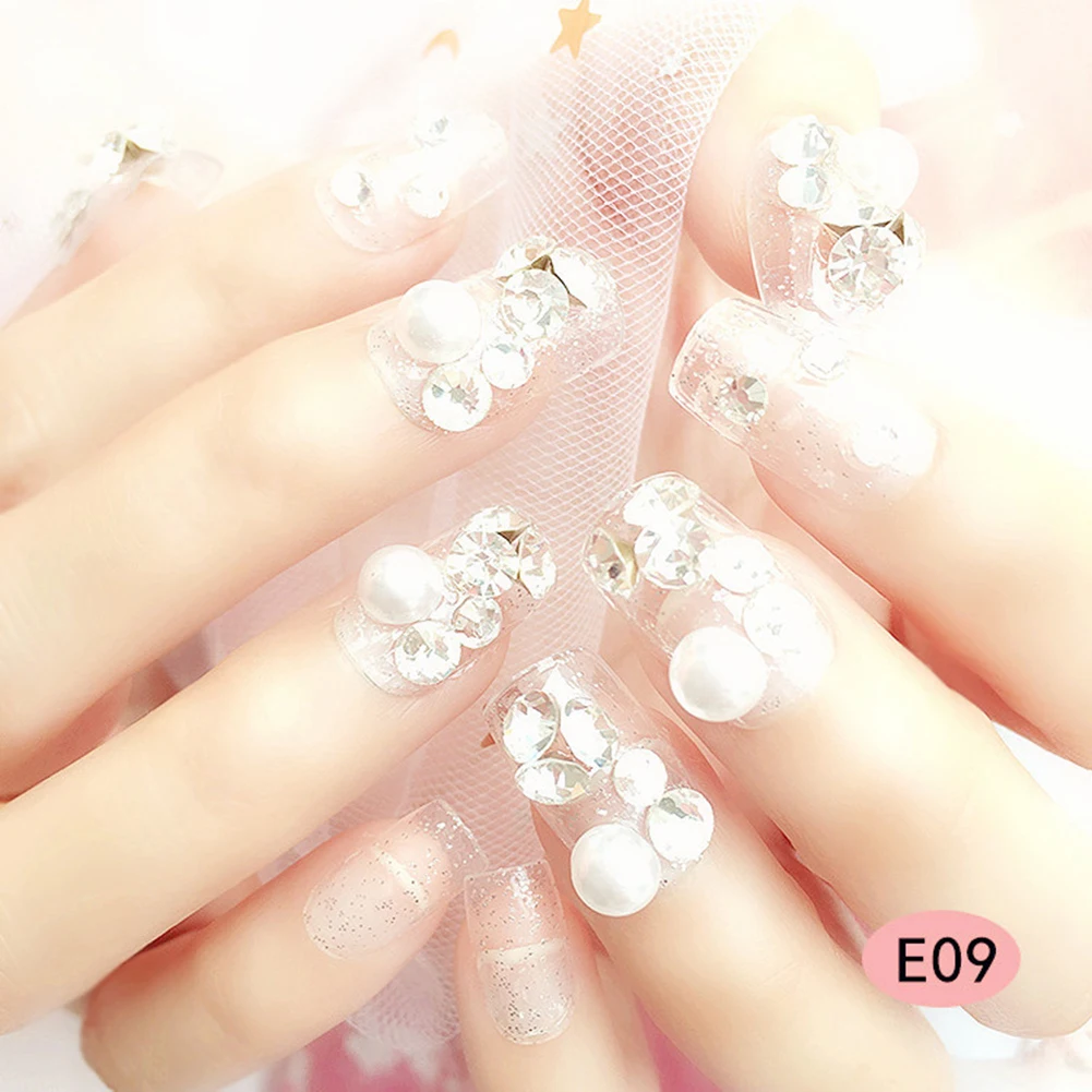 

24pcs Middle-long False fake Nail with Diamonds Nail Tips Art Design with Glue embossed 3D nail sticker flower for bride decors