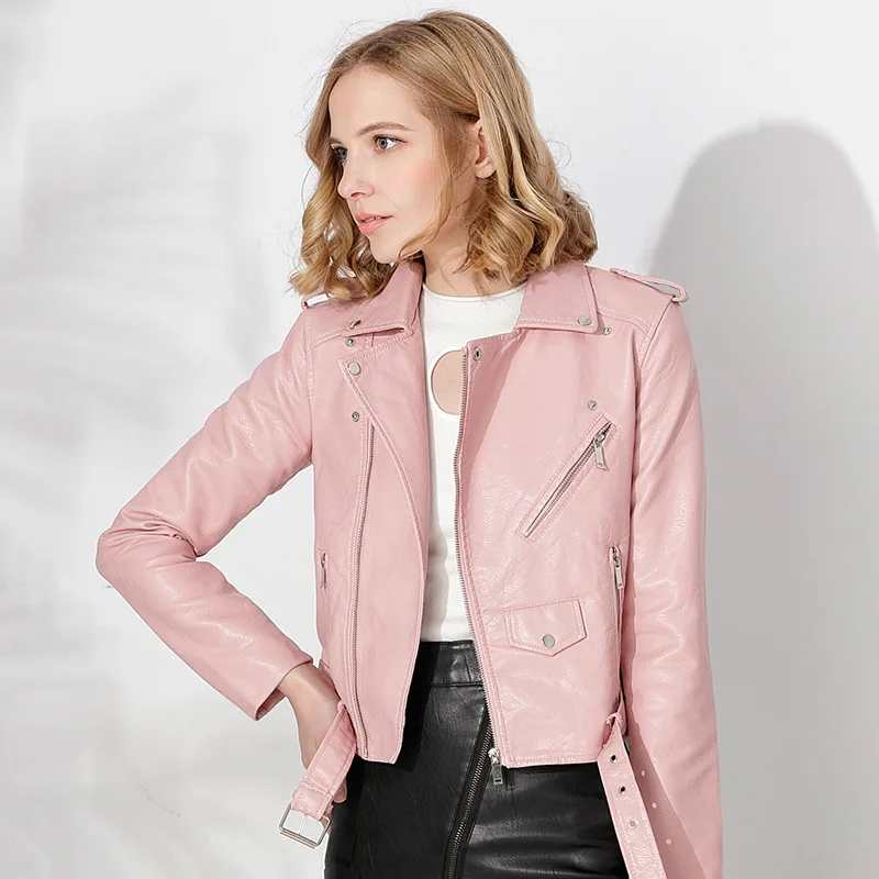 

Women's Leather Jacket 2019 Spring and Autumn New Multi-zipper PU Leather Jacket Belt Slim Jacket