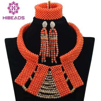 

Elegant African Wedding Coral Beads Jewelry Set 2017 Latest Brides Coral Gold Chunky Bib Necklace Set Free Shipping CNR358