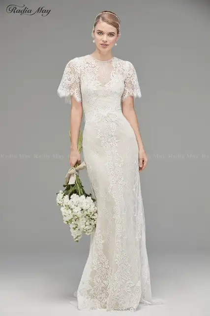 Vintage Ivory Lace Mermaid Boho Wedding Dress Cape Sleeves Rustic