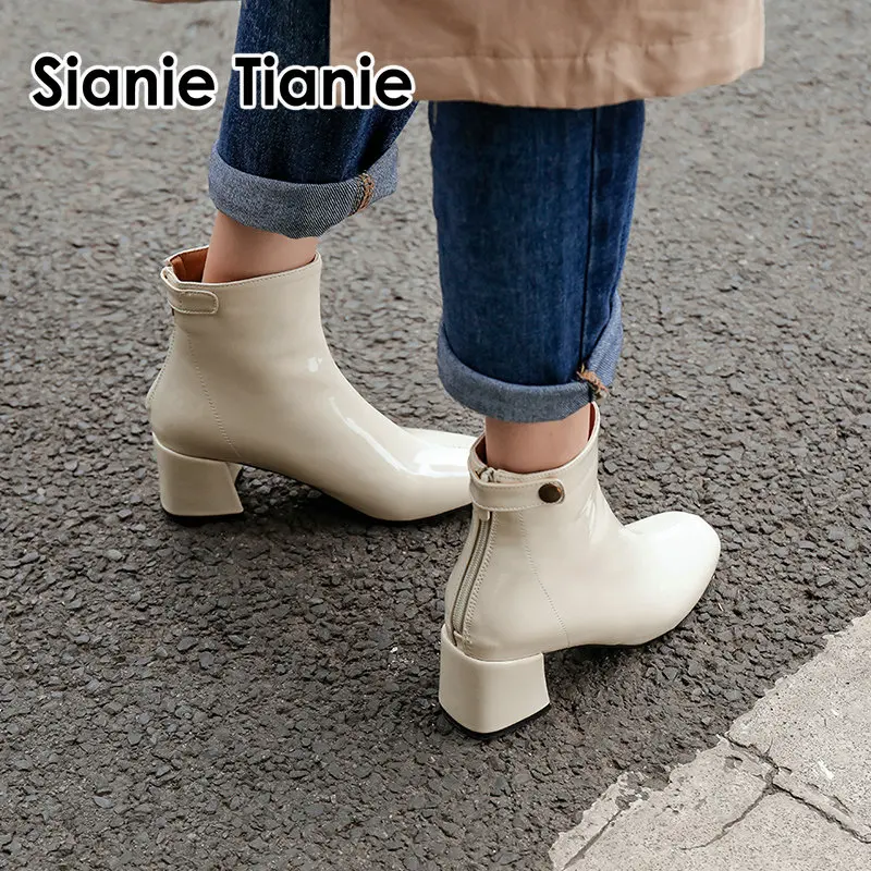 

Sianie Tianie 2019 winter patent PU leather fashion ankle boots thick high heels woman boots ankle boots for women size 33-46