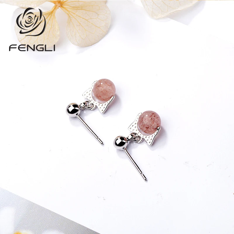 FENGLI Girl Strawberry Beads Stud Earring Cute Cat Silver Color Earrings Wedding Engagement Studs Handmade Jewelry | Украшения и