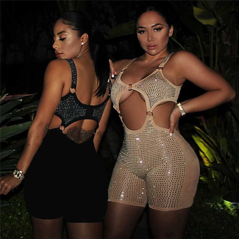 

Bling Diamonds Hollow Out Patchwork Skinny Playsuits Low Cut Backless Sexy Women Overalls Night Club Summer Jumpsuits 2019 New