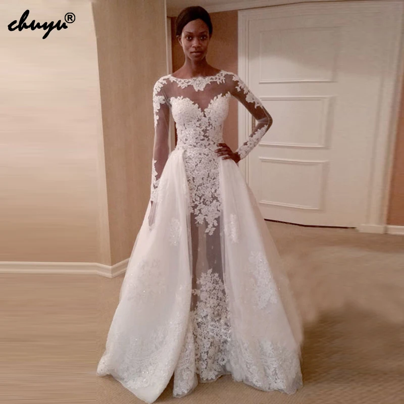 

Muslim Wedding Dresses Long Sleeves Appliques Detachable Illusion vestido de noiva longo Dubai Arabic Wedding Gown Bridal Dress