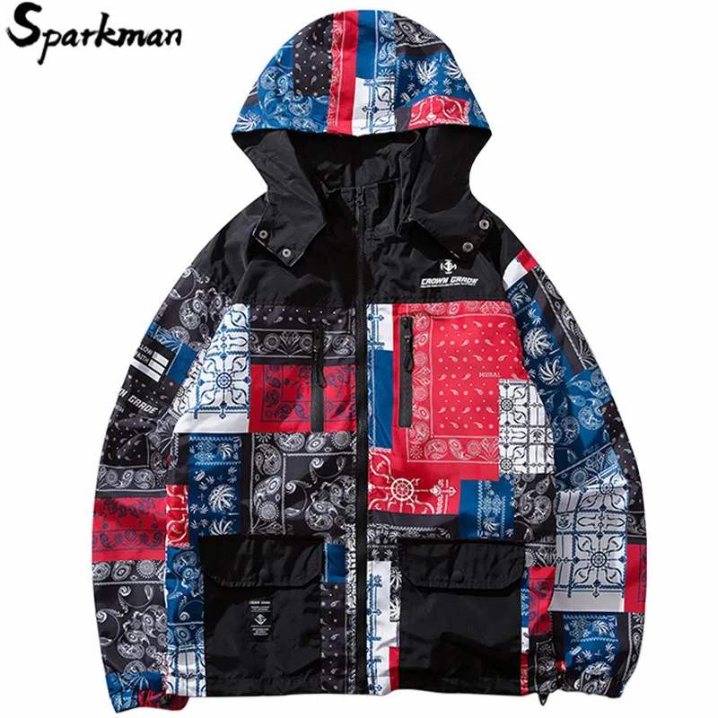 

Harajuku Jacket Retro Pattern Men Hip Hop Streetwear Hooded Jacket Windbreaker Spring 2019 Color Block Track Jacket Coat Hoodie