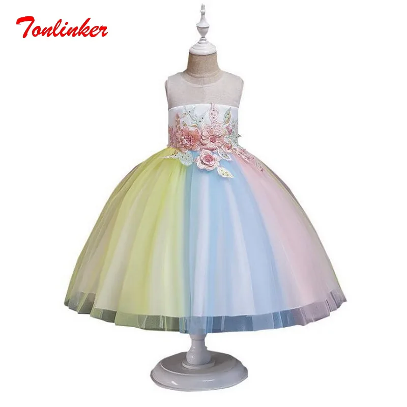 

Girls Embroidery Flowers Princess Rainbow Tulle Tutu Party Dress Prom Sleeveless Birthday Party Dress Vestido