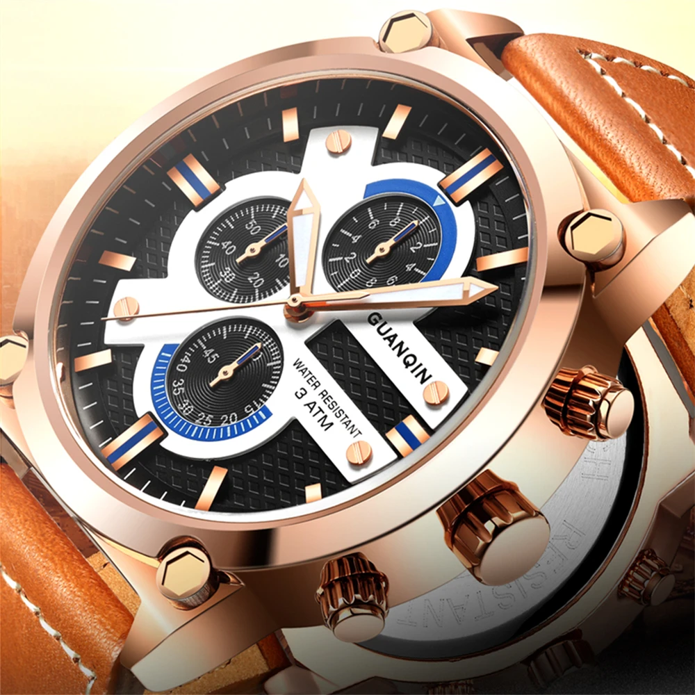 

GUANQIN Men Watch Sports Chronograph Luxury Men's Watch 30M Waterproof Casual Fashion Leather Clock Relogio masculino 2019 New