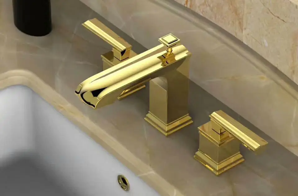 Prix Libérez le bateau TI GOLD PVD 8 pouce 3 Trous généralisée salle de bains lavabo Évier robinet mitigeur pont monté De Luxe robinet carré conception