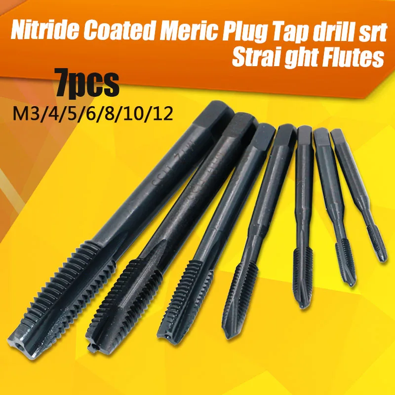

7pcs HSS 4241 M3/M4/M5/M6/M8/M10/M12 Nitride Metric Plug Tap Drill Set Hand Screw Thread Straight Flutes