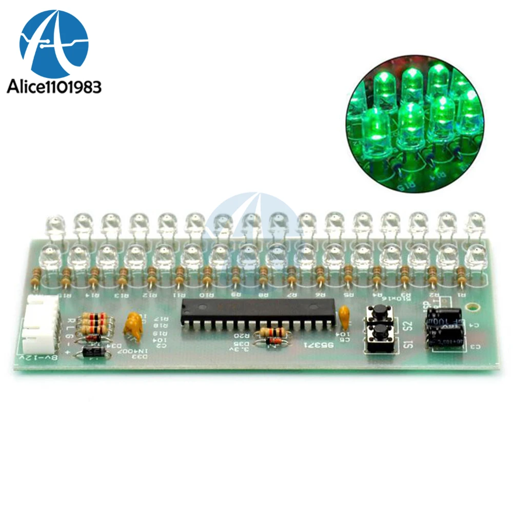 

DC 8V to 12V MCU Adjustable Display Pattern LED VU Meter Level Indicator Amplifier Audio 16 LED Dual Channel Green Lamp Light