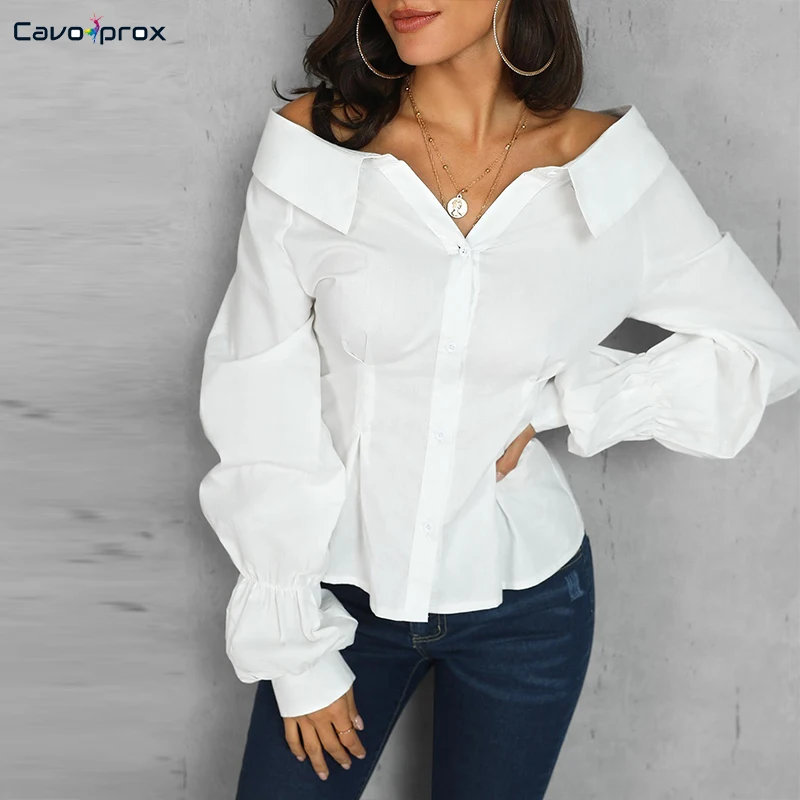 

Women Off Shoulder Lantern Sleeve Button Design Elegant Blouse Casual Solid Slash Neck Streetwear Office Lady Spring Fall Shirts