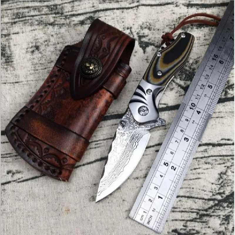 

Wild survival knife Forged concave water wave pattern Damascus folding knife High-grade boutique pocket knife