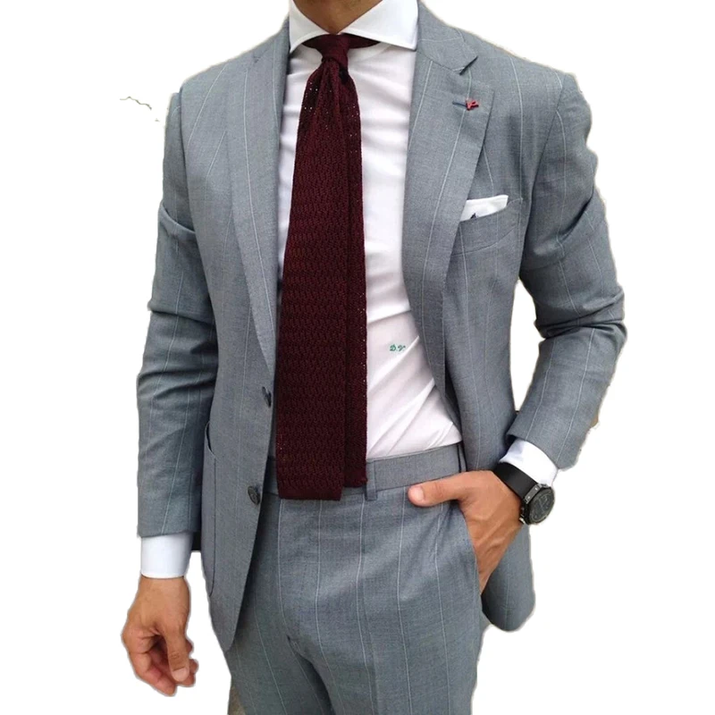

Mens Stripe Slim Fit 2 Piece Wedding Suit Notch Lapel Formal Business Casual Grooms Two Button Jacket Pants 2019 Blazer Prom