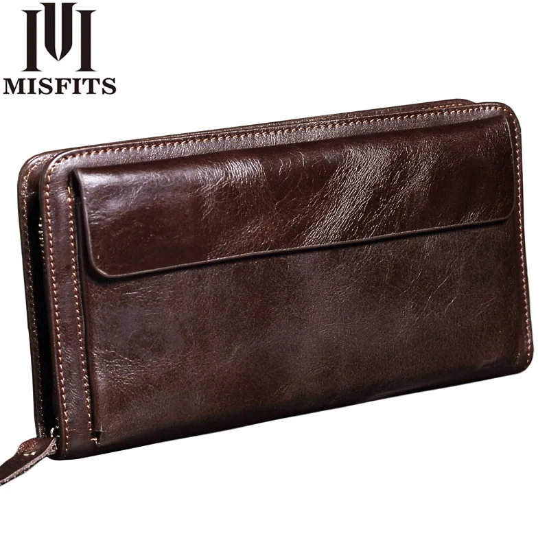 

MISFITS Cowhide Men Clutch Wallets Genuine Leather Long Purses Business Large Capacity Wallet Double Zipper Phone Bag For Male
