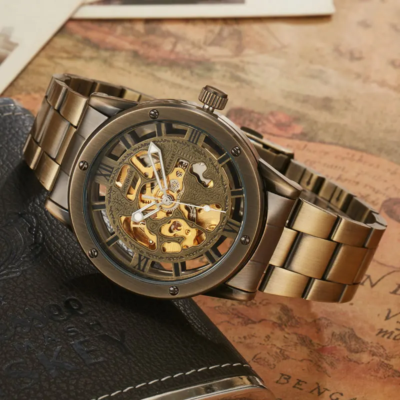 شينهوا أعلى العلامة التجارية ريترو البرونز رجل التلقائي الجوف ساعات آلية فريد سوار فولاذي Steampunk من الفاخرة المعصم هدايا