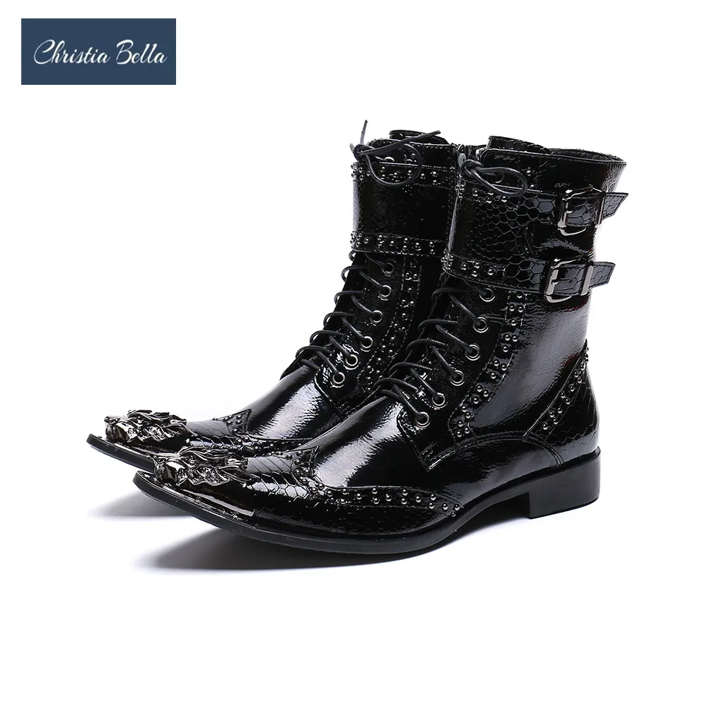 Christia Bella Rivets Men Ankle Boots Fashion Autumn Winter Genuine Leather Pointed Toe Buckle Strap Designer Formal Boots