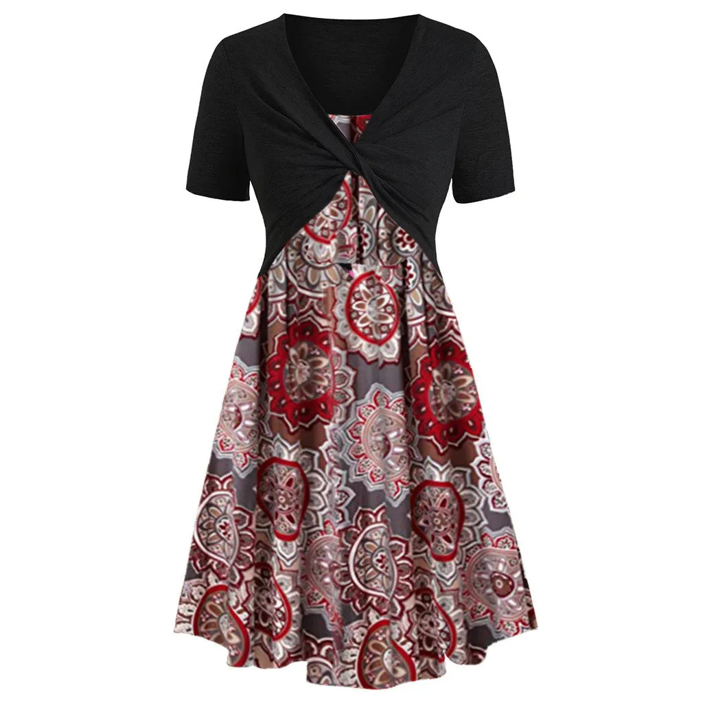 Спальное платье#401 Новая мода женский топ с коротким рукавом спереди крест-накрест+ цветочный принт мини-платье костюмы повседневное Горячая