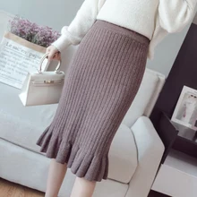 Осенне-зимние женские вязаные юбки с оборками, эластичные облегающие Юбки До Колена Для офиса