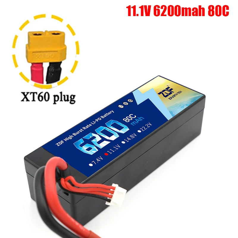 ZDF Lipo Аккумулятор 7,4 V 11,1 V 14,8 V 5200mah 6200mah Hardcase 2S 3S 4S 80C 160C 1/10 1/8 весы для Traxxas Slash 4x4 RC автомобилей лодки - Color: 3S6200mah XT60 plug