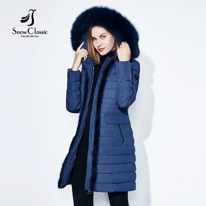 SnowClassic Winter Long Women's Cotton Down Jacket Теплая ветровка Меховой воротник Slim Hat Модный