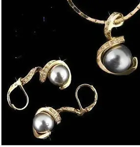 

hot Fast shipping +18KGP crystal grey pearl earrings necklace set (A0516)