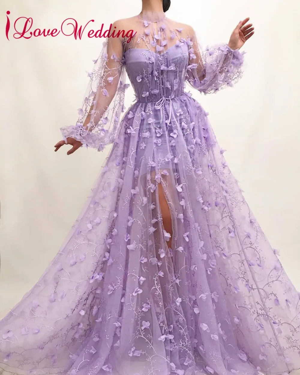 

2019 Formal Prom Dresses A Line High Neck Long Sleeves Party Gown Custom made Arabic Long Lilac Lace Prom Gown for Party