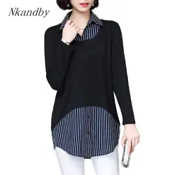 Nkandby Большие размеры в полоску в технике пэчворк женские рубашки 2019 весна корейский Для женщин Свободные искусственного комплект из двух