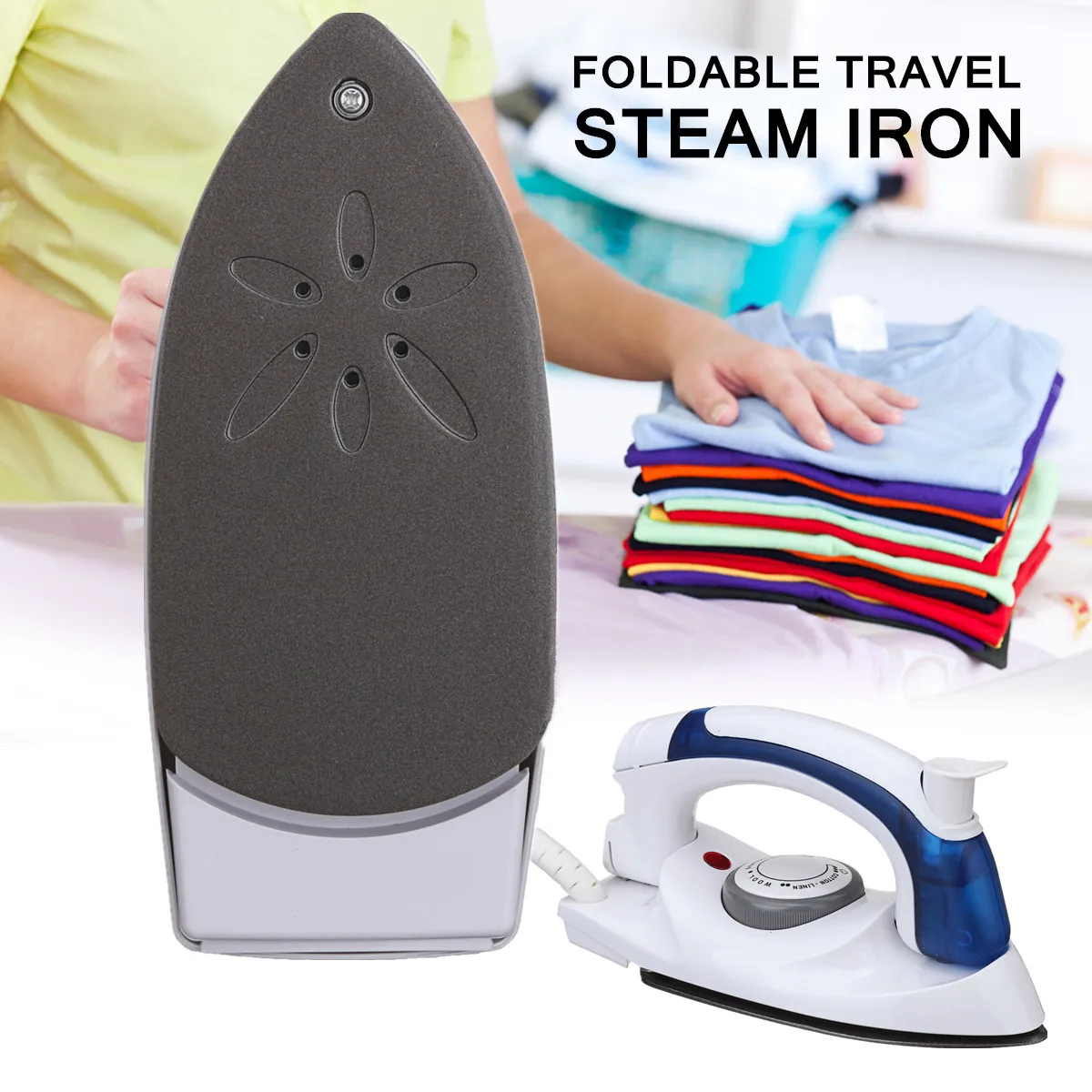 

US 110V 700W CE Adjustable Foldable Compact Steam Travel Iron Thermostatic Control Non-stick Soleplate Foldable Handle