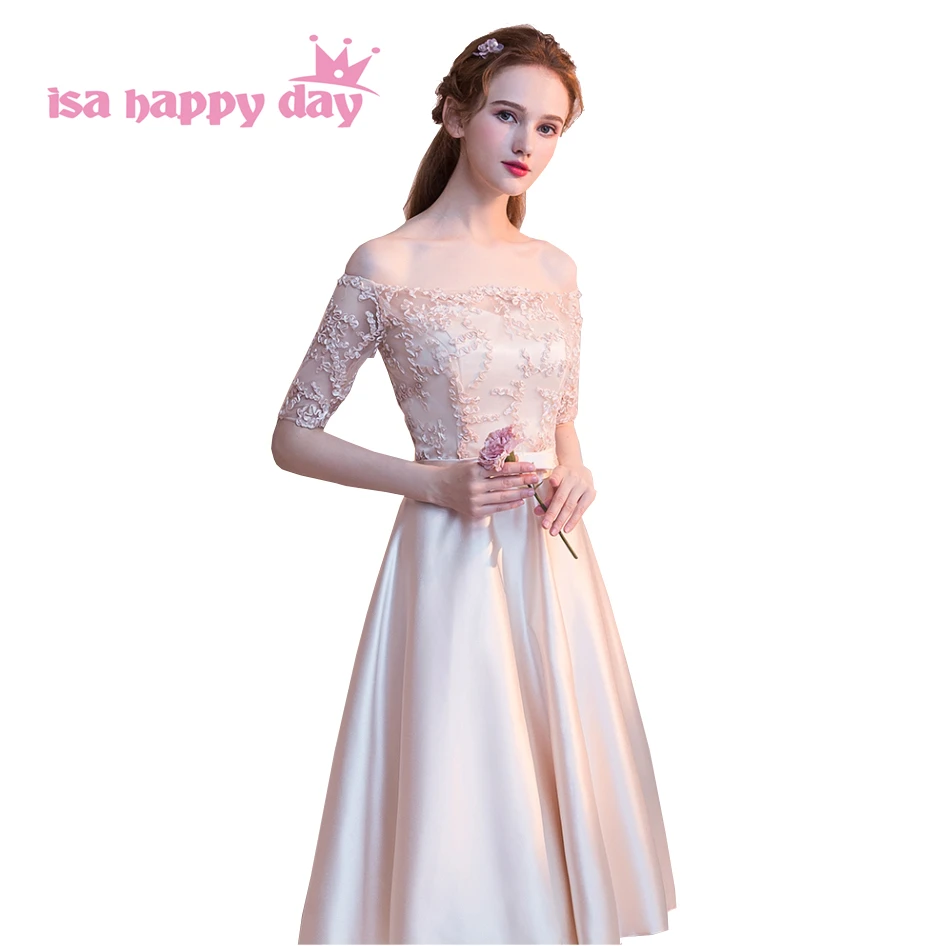 

modern fashion bateau boat neck off shoulder prom sleeves tea length lace ball dress satin champagne teens party dresses H4254