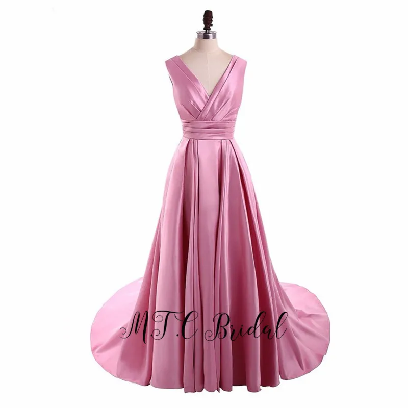 

Real Photos Dusty Pink Satin Long Formal Dress Evening V Neck Corset Back A Line Satin Prom Women Dresses 2019 Robe De Soiree