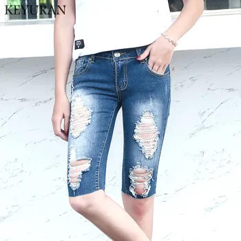 

2019 Summer Fashion Street skinny Women's High Waist Hole Short Jeans Half Denim Cuffs Trousers Boyfriend Shorts Beggar pants