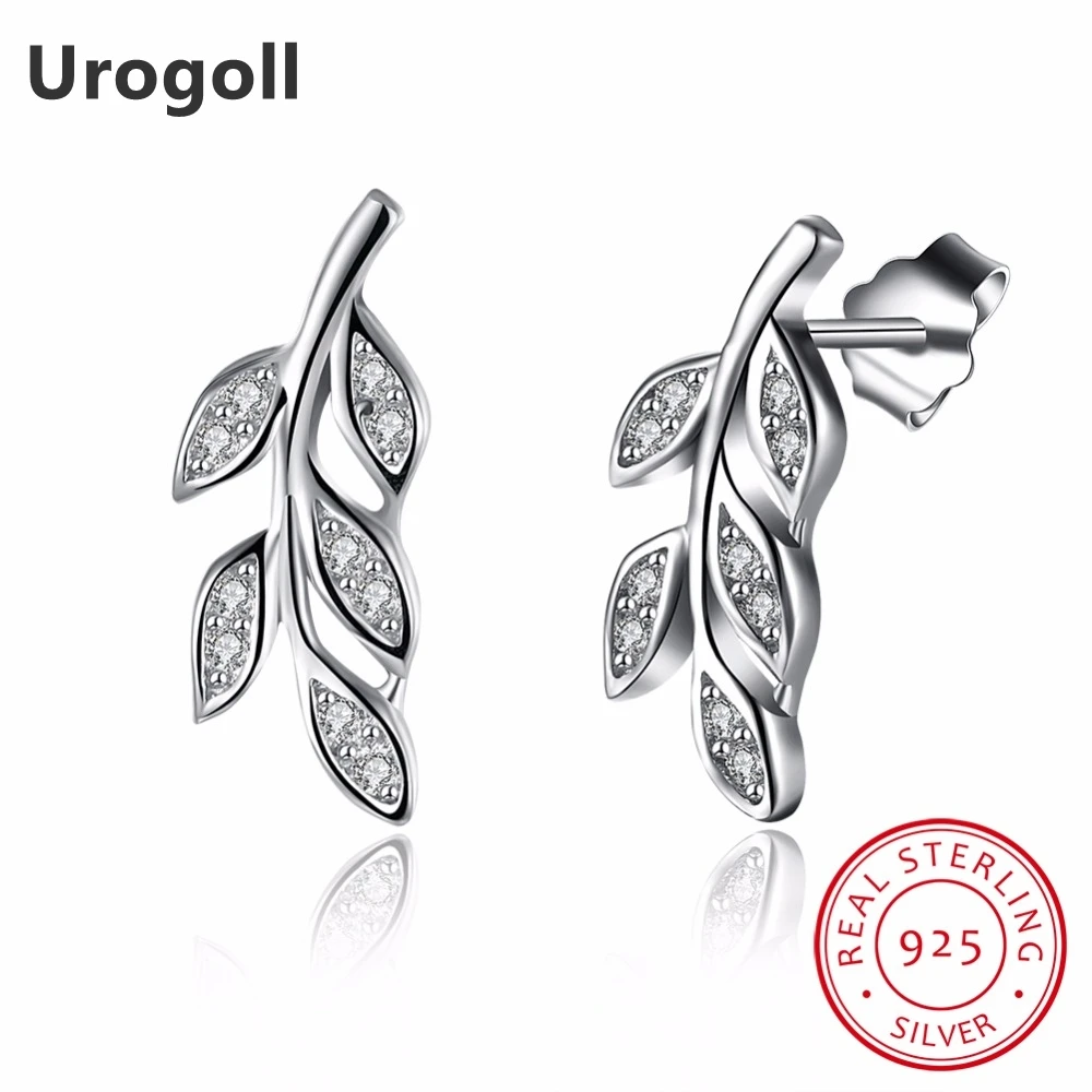 

New Fine Jewelry Real Solid 925 Sterling Silver Leaf Stud Earrings For Women AAA Cubic Zirconia Party Jewelry romantic Gifts