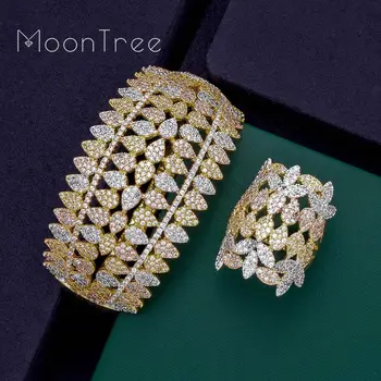 

MoonTree Water Drop Geometry Full Mirco Cubic Zirconia 3 Tone Copper Dubai Women Wedding Bracelet Bangle And Ring Fashion Set