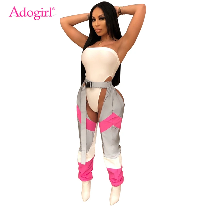 

Adogirl Women Sexy Night Club Party Two Piece Set Strapless Bodysuit + Buckle Waist Color Patchwork Pants Female Fashion Outfits
