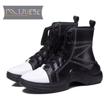 

MLJUESE 2018 women ankle boots cow leather lace up mixed colors sewing sneakers winter short plush women boots size 34-39