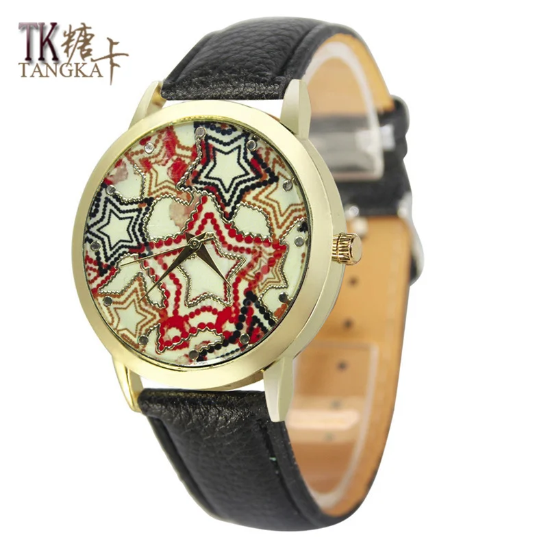 

2016 new five-pointed star pattern fashion casual woman quartz watch leather watch with high quality women watch clock